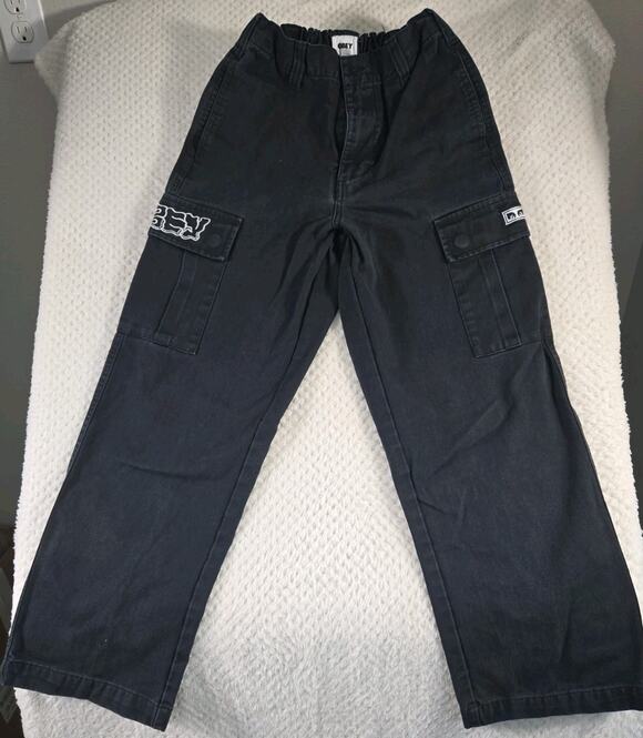 Obey Pants - Obey Cargo Pants Womens 26 Black Wide Leg Embroidered Streetwear Skate Y2K #118